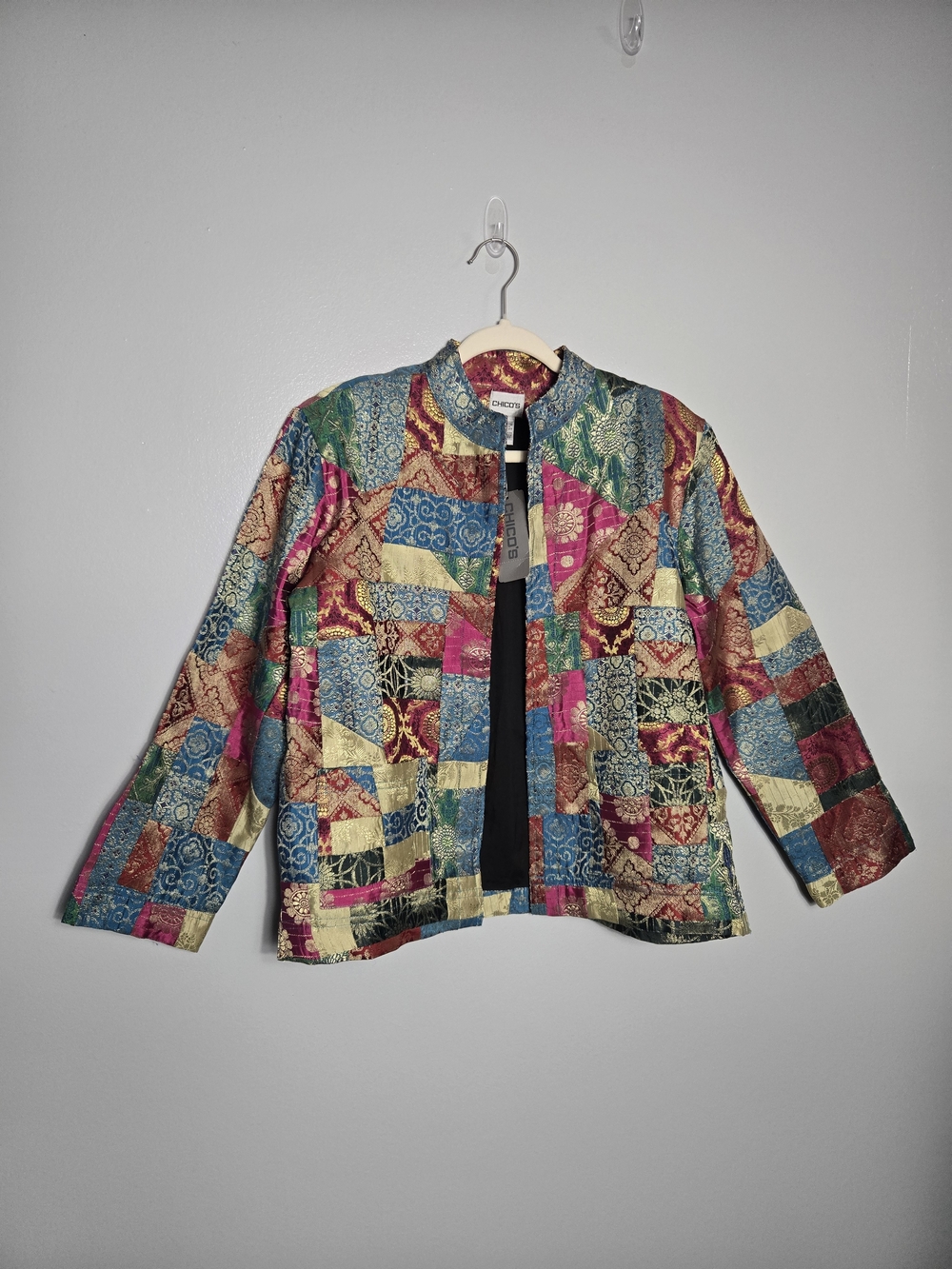 Chico's Metallic Tapestry Brocade Patchwork Quilted Mandarin Jacket Size 2 (L)